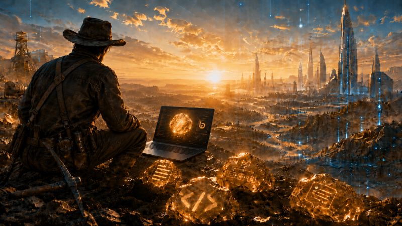A futuristic prospector discovering glowing workflow and markdown nuggets