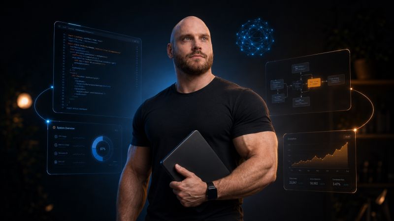 An AI-native product engineer holding a laptop amid product and code interfaces