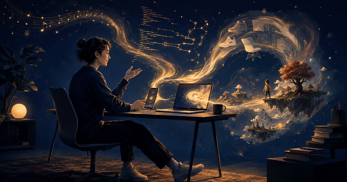 A creator directs a golden flow of music, code, products, and imagined worlds
