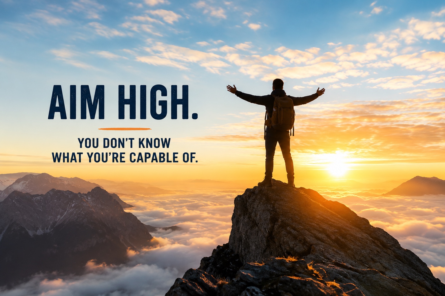 A hiker on a mountain summit at sunrise beneath the words Aim High. You don't know what you're capable of.