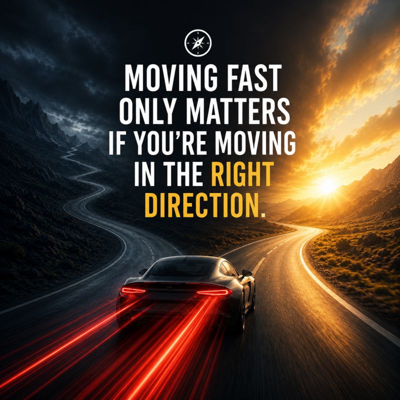 A car approaching diverging roads under the words Moving fast only matters if you're moving in the right direction