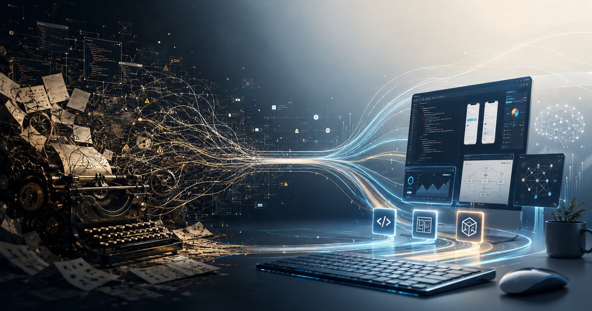 An old typewriter dissolves into streams of light that resolve into modern screens showing code, designs, and dashboards