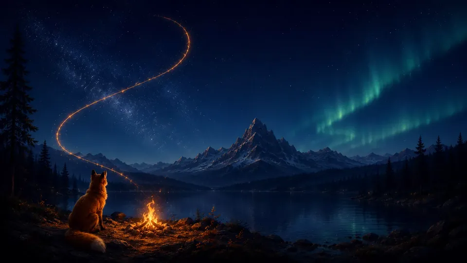 Ember Traces key art: a fox sits by a campfire beneath the northern lights as a glowing ember trail curls into the sky