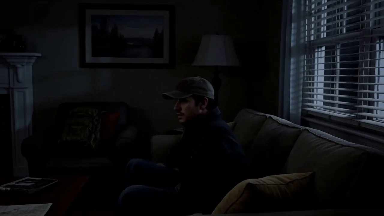 A man sits on a sofa in a dark living room at night
