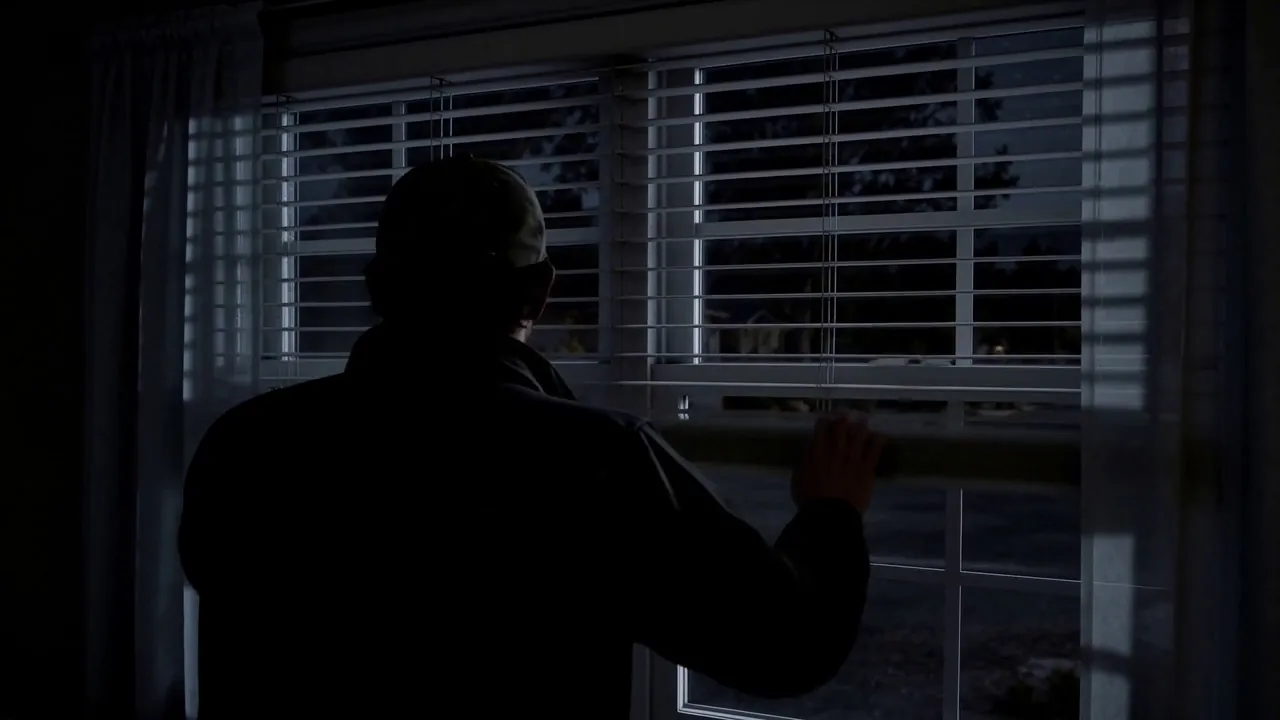 A silhouetted man looks out through window blinds into the night