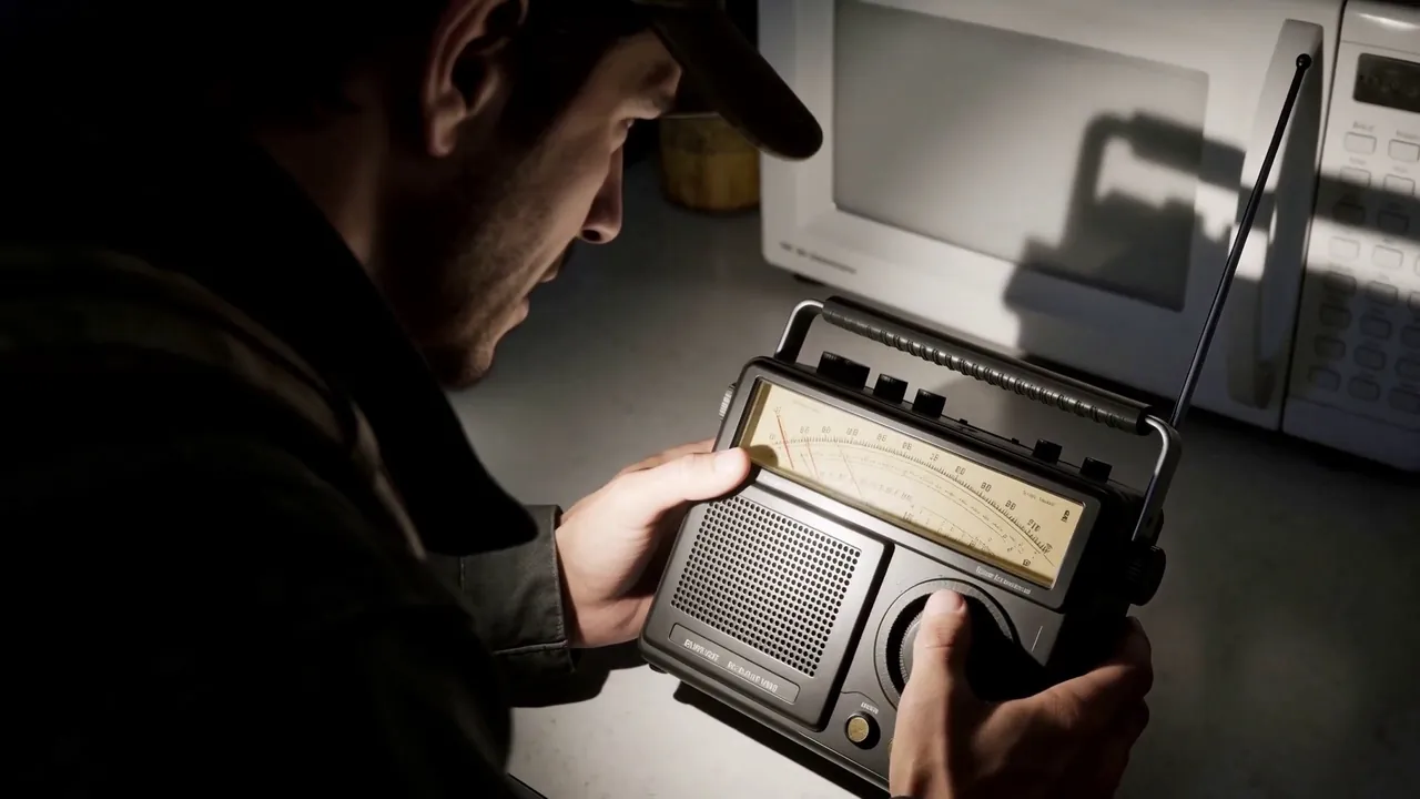 Hands tune a battery radio on a kitchen counter, lit by a flashlight