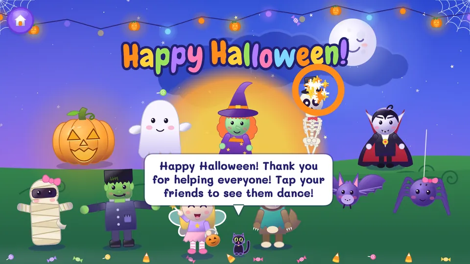 Help-o-ween! party scene: the ten friendly monsters gather under a smiling moon as a speech bubble says Happy Halloween