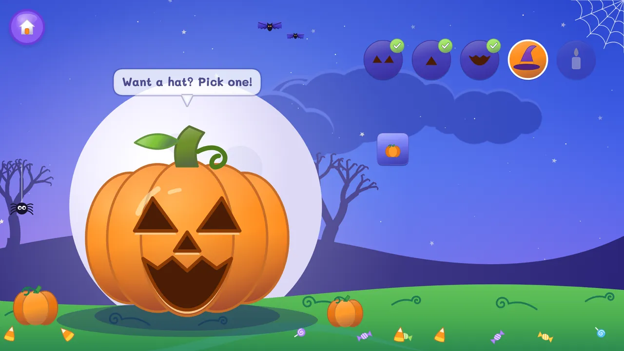 Carving Jack’s pumpkin face, with a speech bubble asking: Want a hat? Pick one!
