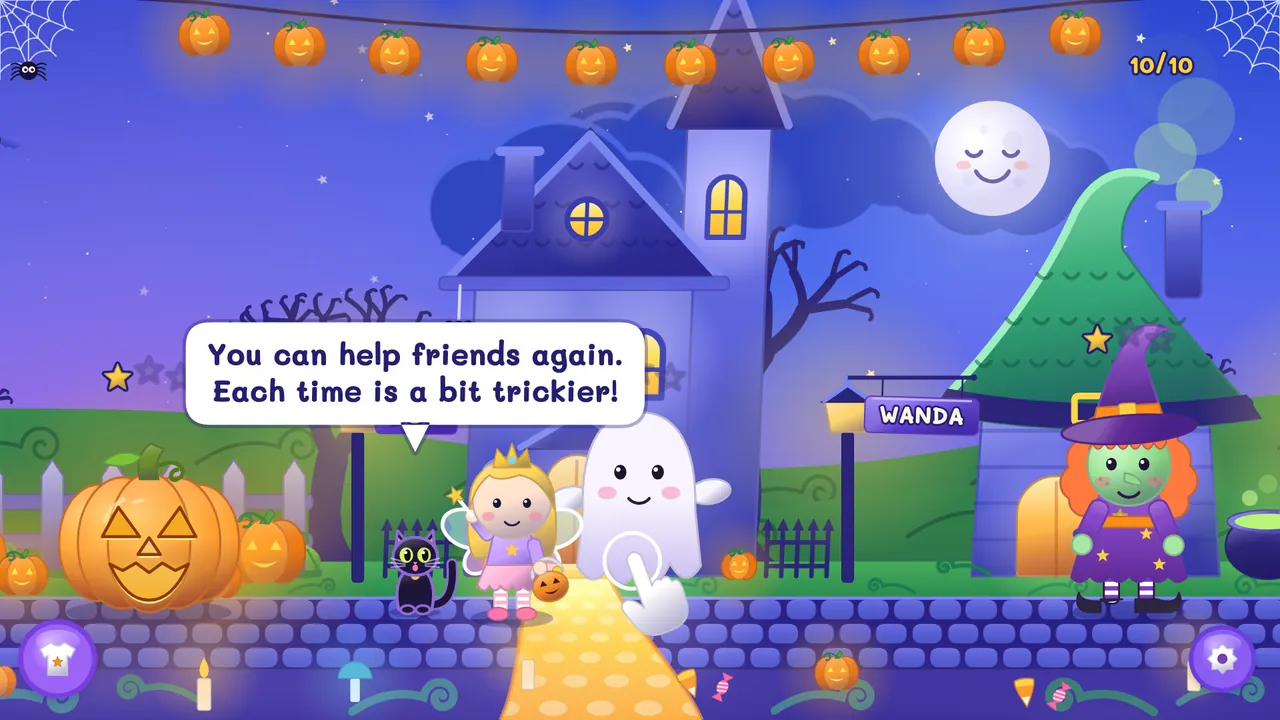 Pumpkin Hollow street at night with ten lit lanterns, a ghost, a fairy and Wanda the witch