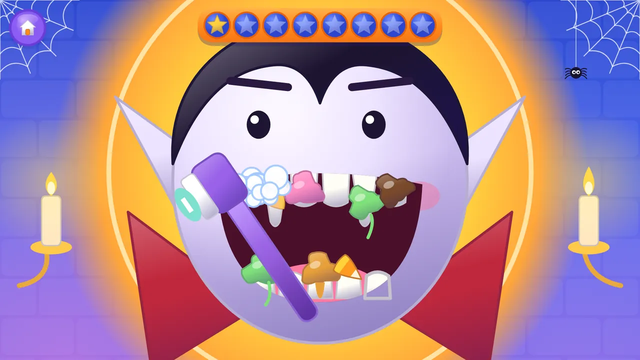 Brushing candy off Vinnie the vampire’s fangs with a big purple toothbrush