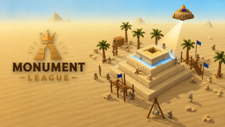 Monument League key art: the crowned Monument League logo beside a stepped desert monument rising among palm trees, tiny builders and a hovering golden craft