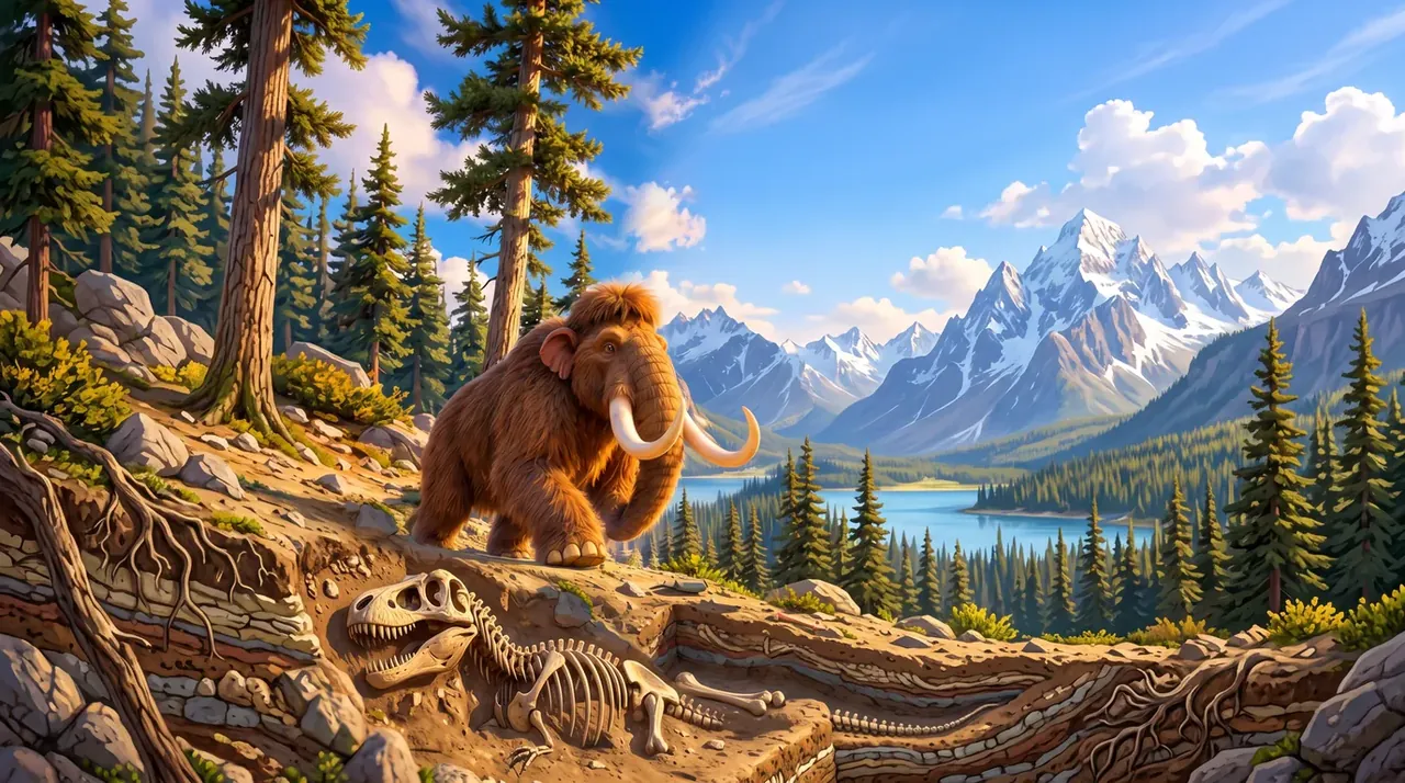 One More Bone! Fossil Dig key art: a woolly mammoth stands above a buried dinosaur skeleton in a mountain landscape