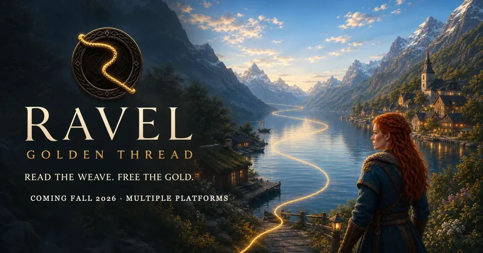 Ravel: Golden Thread key art: a red-haired adventurer overlooks a fjord traced by a glowing golden thread