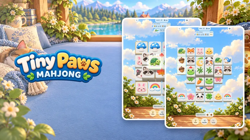 Tiny Paws Mahjong logo beside two tablet screenshots of animal tile boards, over the game’s cozy window-seat scene with a sleeping cat