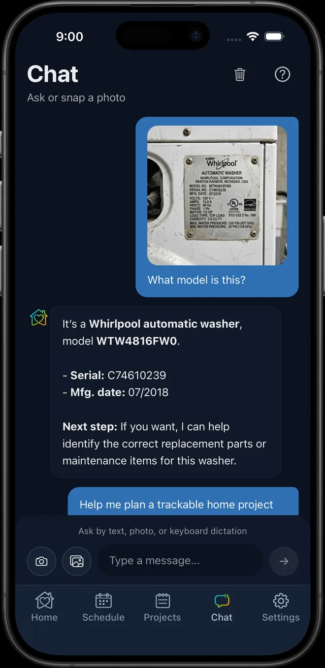 Chat screen: a photo of a washer's label answered with the exact model, serial, and suggested next steps