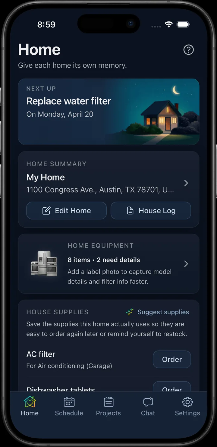 Heart Of The House home screen: the next task up, home summary, equipment overview, and supplies