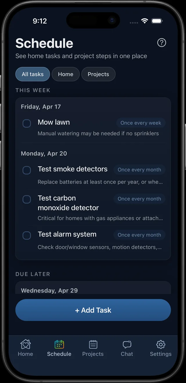 Schedule screen listing recurring home tasks like mowing the lawn and testing smoke detectors