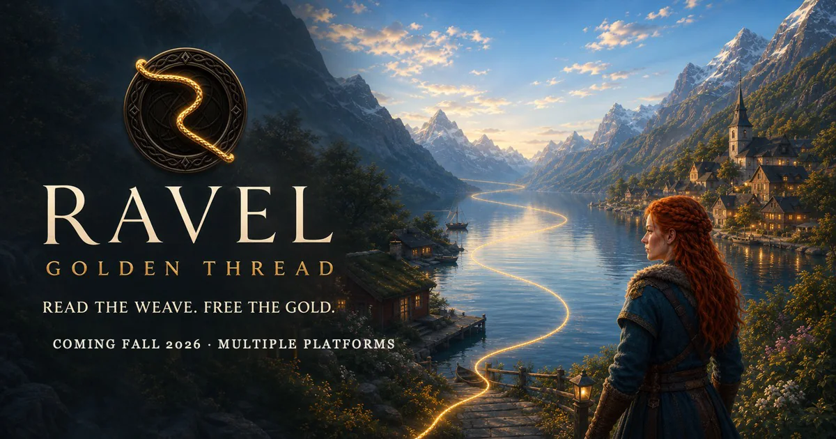 Ravel: Golden Thread key art — a red-haired adventurer overlooking a fjord traced by a golden thread